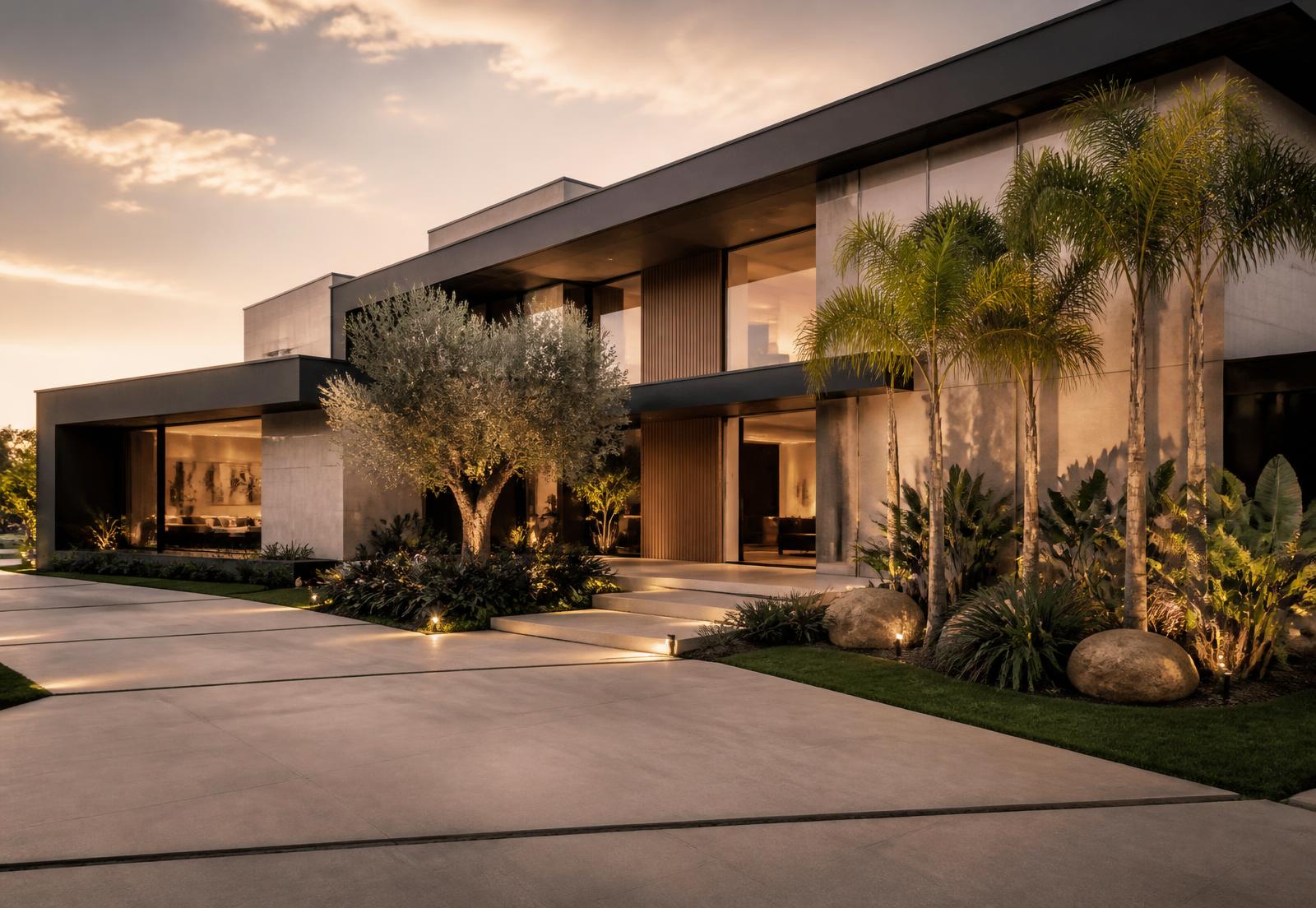 Fachada de residência contemporânea iluminada ao entardecer